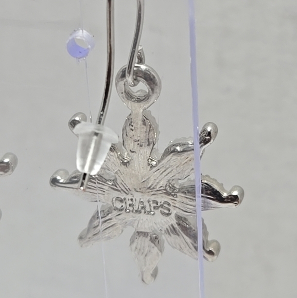 Vintage CHAPS Silvertone Flower Dangle Pierced Earrings Black Taupe Brown Stone - Picture 6 of 8